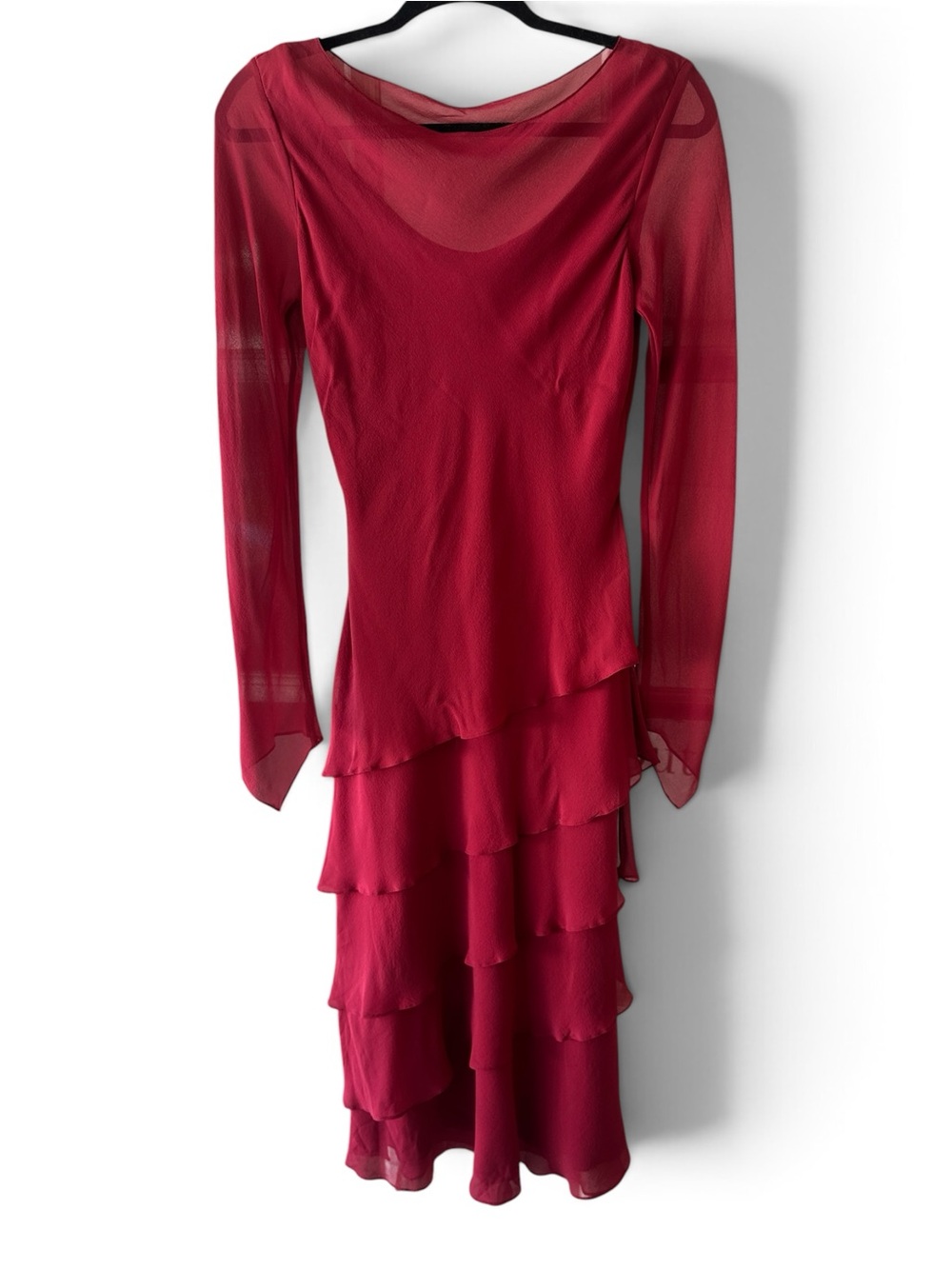 Jovani Burgundy Tiered Long-Sleeve Evening Dress